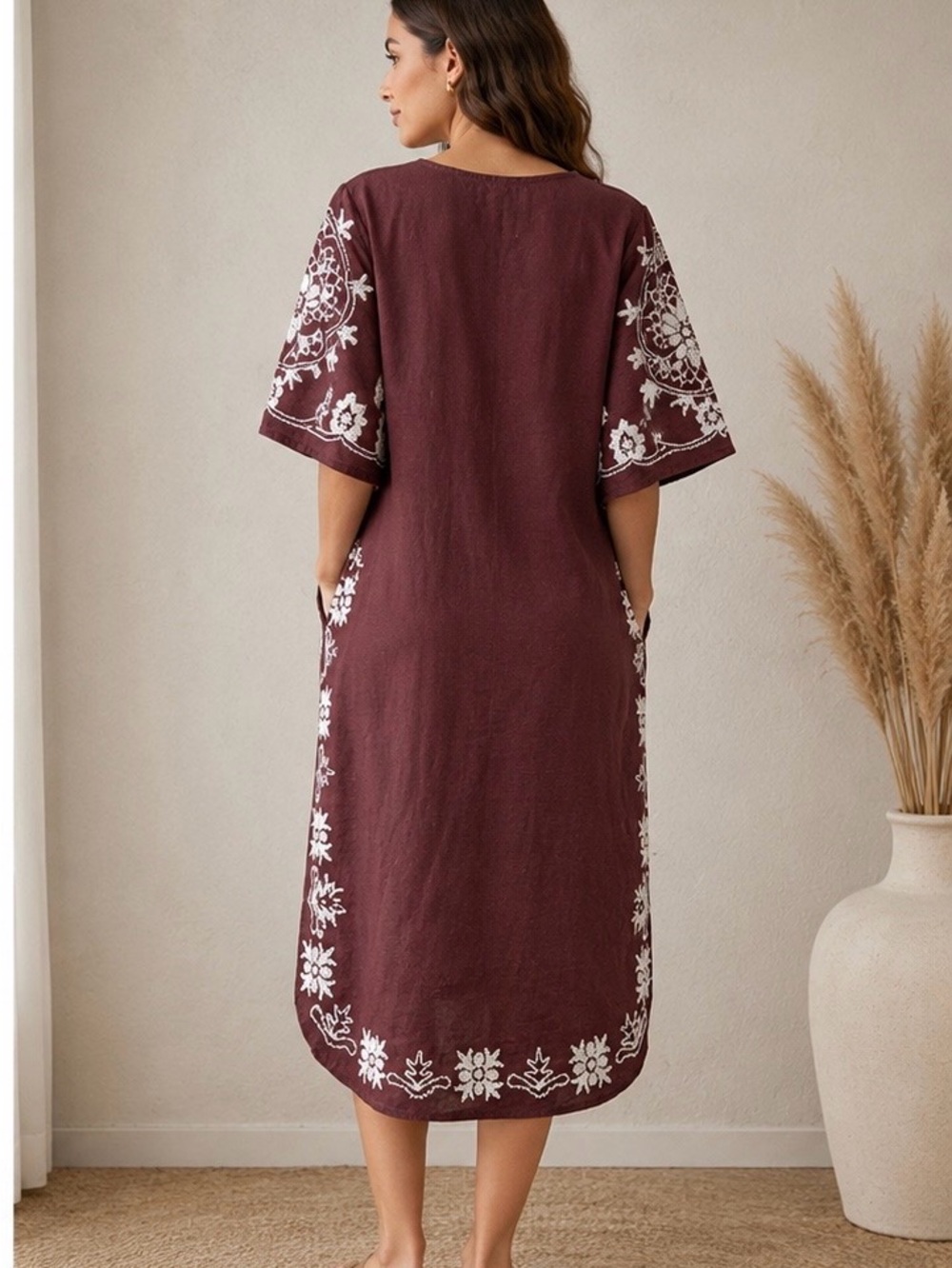 Uncle Frank Embroidered Boho Midi Dress Size M Brown Floral Pockets Side Slits - Picture 2 of 10